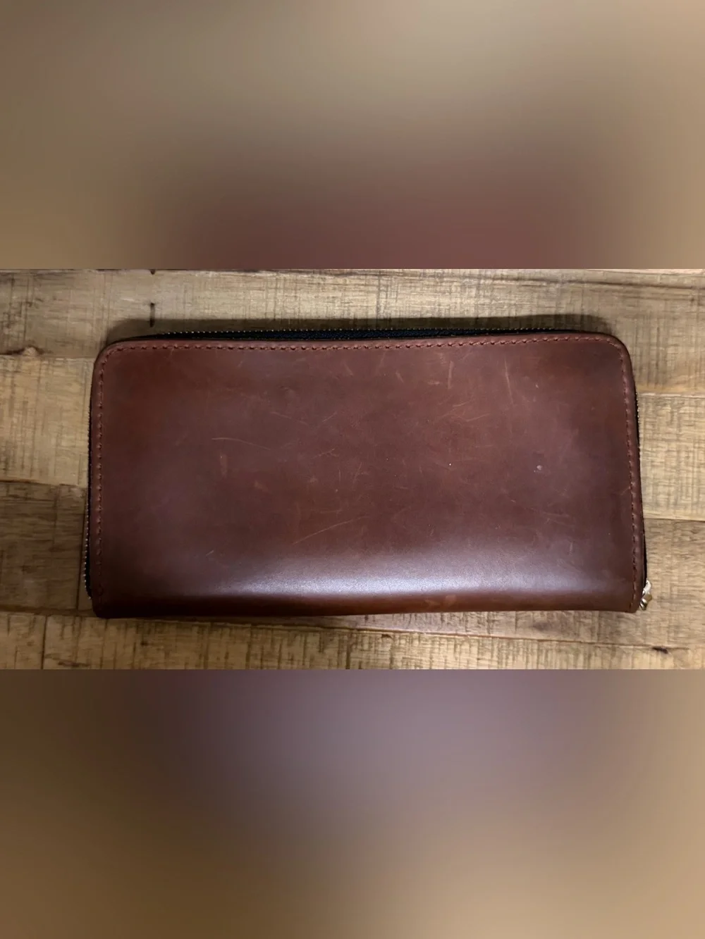 EUC! Portland Leather Goods Accordion Zip Wallet Cognac Brown Genuine Leather